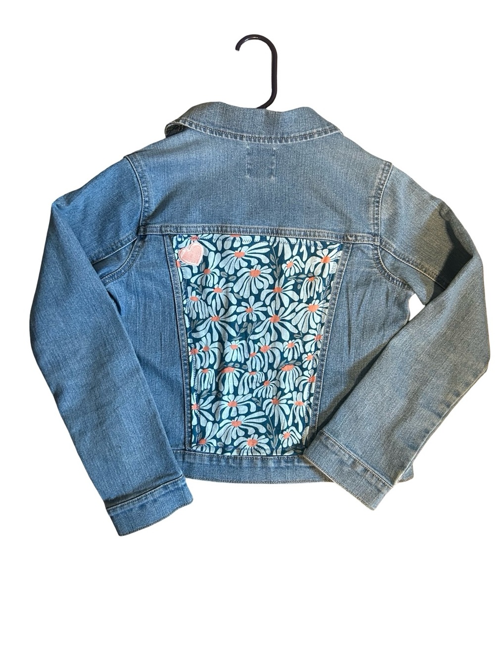 Upcycled 1989 Place Girls Denim Jacket with Floral Panel - Blue and Pink L 10-12
